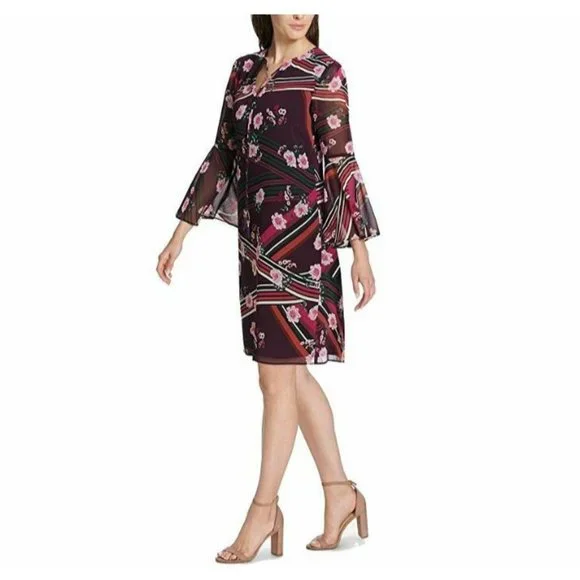 vince camuto purple floral dress Vince Camuto Womens Mixed Media Bell Sleeves Shift Dress Purple 4